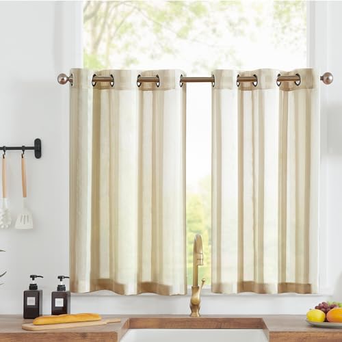 Vangao Sheer Scheibengardinen mit Ösen Transparent Bistrogadine Landhaus Modern Voile Küchenvorhang Gestreift Küchengardinen Paarig für Badezimmer Klein Fenster Dekor 90x60cm(BxH) Beige 2er Set von Vangao