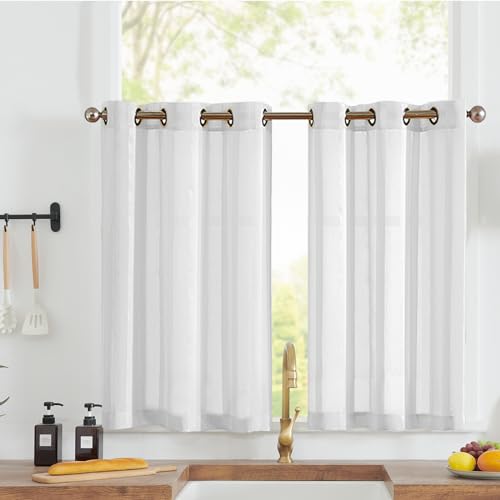 Vangao Sheer Scheibengardinen mit Ösen Transparent Bistrogadine Landhaus Modern Voile Küchenvorhang Gestreift Küchengardinen Paarig für Badezimmer Klein Fenster Dekor 90x60cm(BxH) Weiß 2er Set von Vangao
