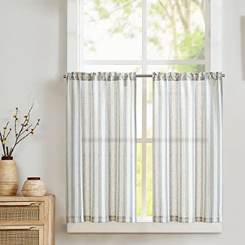 Vangao Streifen Scheibengardine Leinen Gestreifte Bistrogardine Halbtransparente Scheibengardinen Küchen Gardine Kurz Fensterschal für Wohnzimmer Kleinfenster Landhaus Blau 65x90cm(BxH) 2 Stück von Vangao