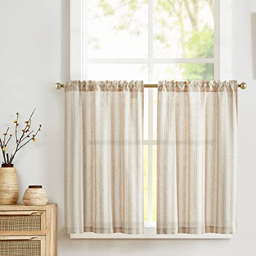 Vangao Streifen Braun Scheibengardinen modern küche Leinenoptik Bistrogardine 2er Set 65Bx60Hcm Gestreifte Halbtransparente Küchen Landhausstil Gardine Kurz für Wohnzimmer Kleinfenster Wohnwagen von Vangao