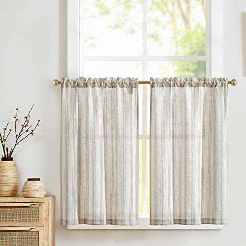 Vangao Streifen Scheibengardine Leinen Gestreifte Bistrogardine Halbtransparente Scheibengardinen Küchen Gardine Kurz Fensterschal für Wohnzimmer Kleinfenster Landhaus Grau 65x90cm(BxH) 2 Stück von Vangao