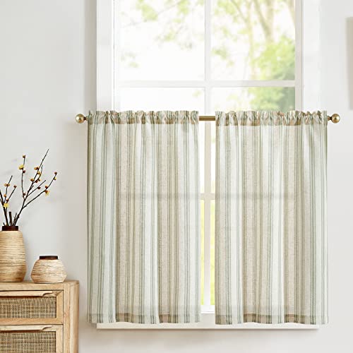 Vangao Streifen Scheibengardine Leinen Gestreifte Bistrogardine Halbtransparente Scheibengardinen Küchen Gardine Kurz Fensterschal für Wohnzimmer Kleinfenster Landhaus Grün 65x90cm(BxH) 2 Stück von Vangao