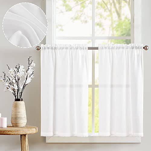 Vangao Leinen Scheibengardinen Küche Weiß Bistrogardine 2er Set mit Tunnelzug Küchengardinen für Balkontür Wohnwagen Landhausstil Bauernhaus Gardinen Kurz Sheer Vorhang Halbtransparente 65Bx60Hcm von Vangao