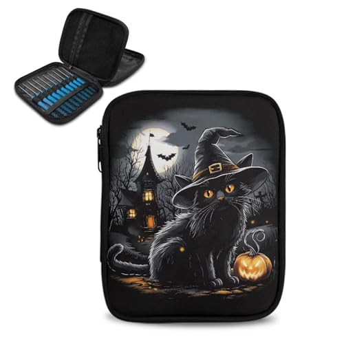 Vanideaoty Häkelnadeletui mit schwarzer Katze, Spukhaus, Fledermaus, tragbares Stricknadeletui mit Webtaschen, Schaukel-Häkelnadeln, Zubehör, Halloween, Heimgeschenke von Vanideaoty
