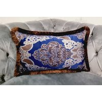 Luxus Blau Brauner Kissenbezug, Blaues Ethno Muster Kissen, Hohe Qualität, Fransen Dunkelblaues Kissen von VanilyaHome
