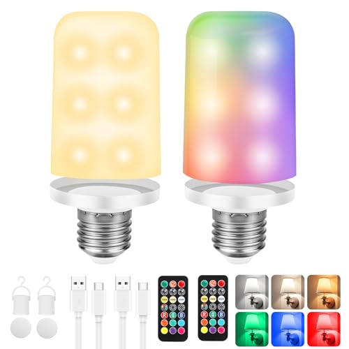 Vankarr 2 Pack 6000mAh Aufladbare Glühbirne mit Fernbedienung, Dimmbare LED Glühbirne mit Batterie USB Wiederaufladbare Akku Glühbirne Kabellos Mit Timing-funktion, 5W, 1800-6000K Warm/Kalt/RGB von Vankarr
