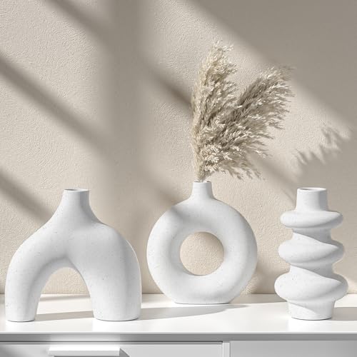 Vankarr Vase - Set of 3 Weiße Blumenvasen aus Keramik für Wohnungsdeko Trockenblumen Vasen für Tischdecko mit Pampasgras, handgemachte Vase von Vankarr