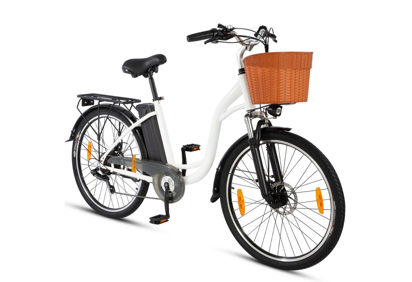 Vankel E-Bike Cityrad C6 36V 12.5Ah 450WH 250W Motor 40Nm Drehmoment 75 km Reichweite, 6 Gang, Kettenschaltung, Heckmotor, 450 Wh, ebike Damen, mit Bremslicht, mit Fahrradkorb,mit praktischem von Vankel