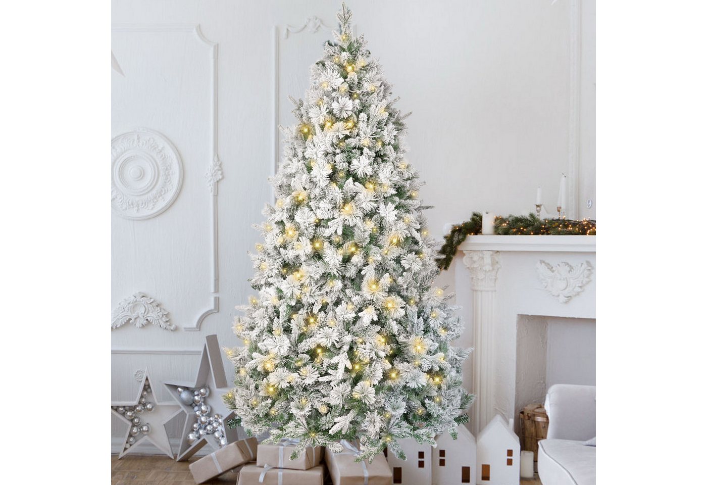 Vankel Künstlicher Weihnachtsbaum Tannenbaum mit beleuchtung, LED Christbaum, mit Schnee, PE+PVC, mit 1100 Spitzen und 360 Warm-Weißen LED, 180 cm mit Metallstand von Vankel