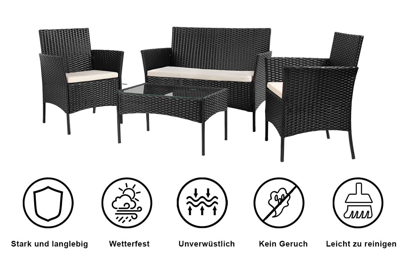 Vankel Sitzgruppe Sitzgruppe für 4 Personen Outdoor-Sonnenschein, 2 Sessel, mit Tisch, Sitzpolster, Outdoor von Vankel