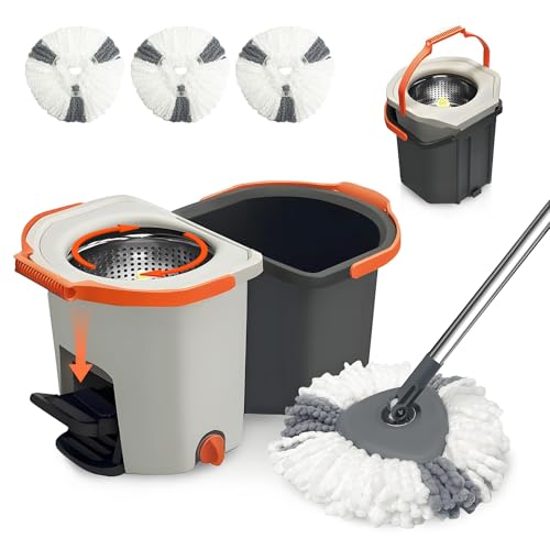 Wischmopp Set mit Eimer, Bodenwischer Komplett Set mit verstellbarem Edelstahlstiel & Fußpedal, faltbarem Putzeimer mit Auswringfunktion, 3 Mikrofaser Pads, freihändiges Auswringen für Laminat Fliesen von Vankemon