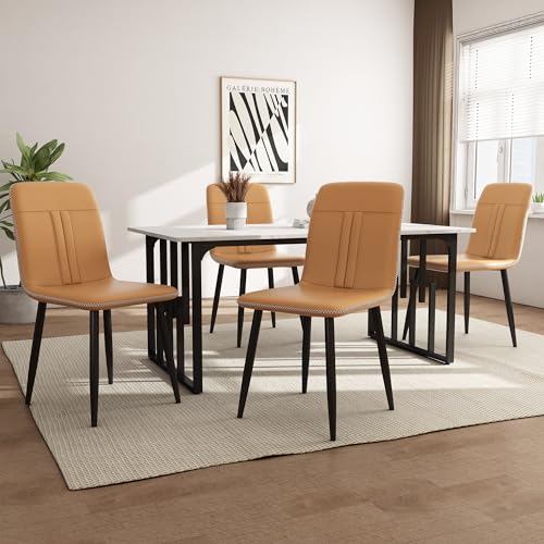 Vanress 5-teiliges Esstisch- und Stuhl-Set, 4 Esszimmerstühle mit PU-Leder, weißer MDF-Tisch, Schwarze Metallbeine, Esstisch, geeignet für Küche, Esszimmer, Wohnzimmer (Orange) von Vanress