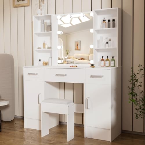 Vanrste Schminktisch mit Beleuchtung, Einstellbarer Helligkeit, Modern Frisiertisch mit Spiegel, Kosmetiktisch inkl. Schminkhocker, 3 Schubladen 6 offene Ablagen 2 Schränke, 100x40x140cm von Vanrste