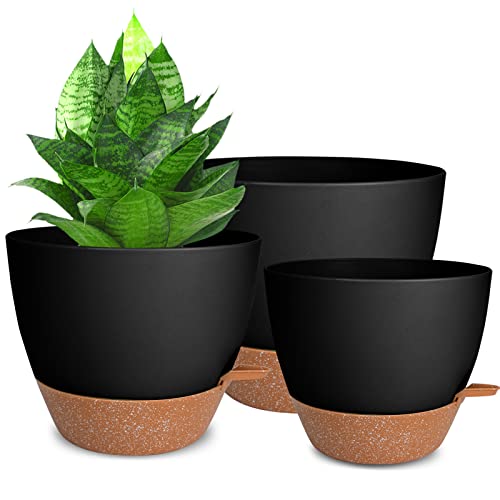 Vanslogreen Pflanzgefäße für Zimmerpflanzen, 3 Stück, 25,4 cm, 25,4 cm, 25,4 cm, selbstwässernde Blumentöpfe mit Ablaufloch, große Kunststoff-Pflanztöpfe (schwarz) von Vanslogreen
