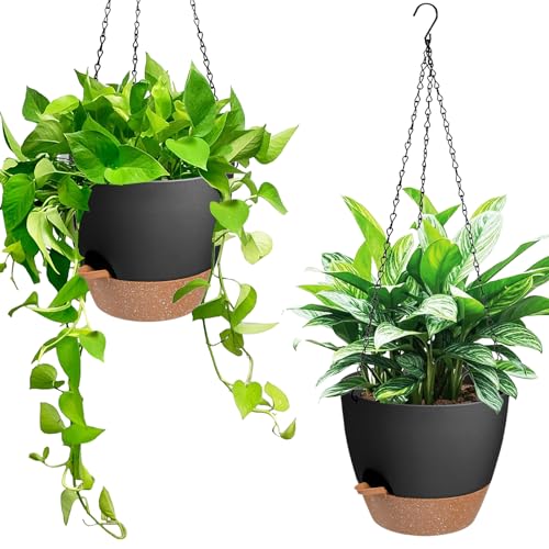 Vanslogreen Hängende Pflanzgefäße für Innen- und Außenbereich, selbstbewässernder Hängetopf mit Ablauflöchern und abnehmbarem Tablett, Schwarz, 15,2 cm, 2 Stück von Vanslogreen