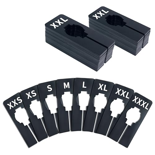 40er-Pack rechteckiger schwarzer Kunststoff-Kleidergrößen-Trennwände für Kleiderbügel, vorgedruckt in 8 Größen XXS, XS, S, M, L, XL, XXL, XXXL (6.4cm x 12.7cm, Innendurchmesser 3.5cm) von Vantasii