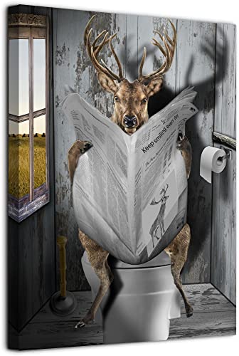 Vantboo Hirsch Lesung Zeitung in Toilette Leinwanddrucke Wandkunst Gemälde Home Decor Kunstwerke Bilder für Wohnzimmer Schlafzimmer Badezimmer Dekoration fertig zum Aufhängen 40,6 x 50,8 cm von Vantboo