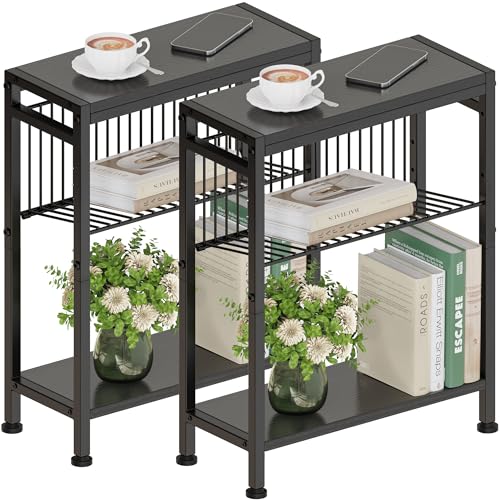 Schmaler Beistelltisch, 2er Set, 3 Ablagen Nachttisch Schmal mit Zeitschriftenhalter, sofa beistelltisch, Couchtisch klein für Wohnzimmer, Schlafzimmer, Küche & Balkon, Arbeitszimmer (Schwarz) Schmaler Beistelltisch, 2er Set, 3 Ablagen Nachttisch Schmal mit Zeitschriftenhalter, sofa beistelltisch, Couchtisch klein für Wohnzimmer, Schlafzimmer, Küche & Balkon, Arbeitszimmer (Schwarz) von Vantimo