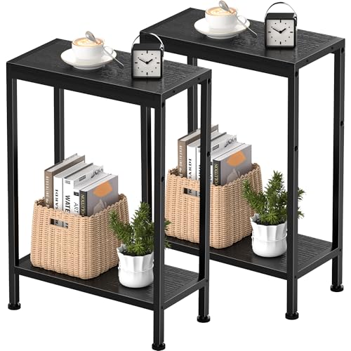 Schmaler Beistelltisch, Nachttisch, 2er Set, 2 Ablagen Nachttisch Schmal mit Stauraum, sofa beistelltisch für schmale Räume, für Wohnzimmer, Schlafzimmer, Küche &Balkon, Arbeitszimmer (Schwarz) von Vantimo