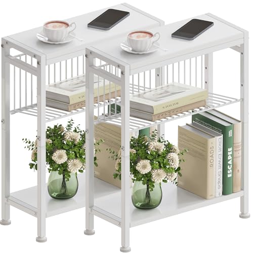 Vantimo Schmaler Beistelltisch, 2er Set, 3 Ablagen Nachttisch Schmal mit Zeitschriftenhalter, Sofa beistelltisch, Couchtisch klein für Wohnzimmer, Schlafzimmer, Küche & Balkon, Arbeitszimmer (Weiß) von Vantimo