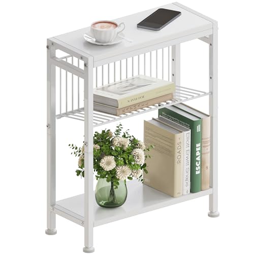 Vantimo Schmaler Beistelltisch, 3 Ablagen Nachttisch Schmal mit Zeitschriftenhalter, Sofa beistelltisch, Couchtisch klein für Wohnzimmer, Schlafzimmer, Küche & Balkon, Arbeitszimmer (Weiß) von Vantimo