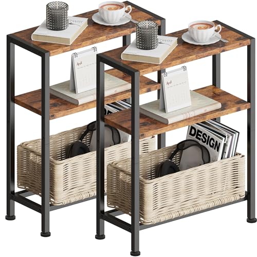 Schmaler Beistelltisch, Nachttisch, 2er Set, 3 Ablagen Nachttisch Schmal mit Stauraum, Sofa beistelltisch für schmale Räume, Kleiner Tisch, für Wohnzimmer, Schlafzimmer, Küche &Balkon (Vintagebraun) von Vantimo