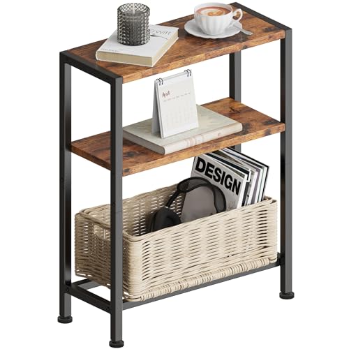 Schmaler Beistelltisch, Nachttisch, 3 Ablagen Nachttisch Schmal mit Stauraum, sofa beistelltisch für schmale Räume, Kleiner Tisch, für Wohnzimmer, Schlafzimmer, Küche & Balkon (Vintagebraun & Schwarz) von Vantimo