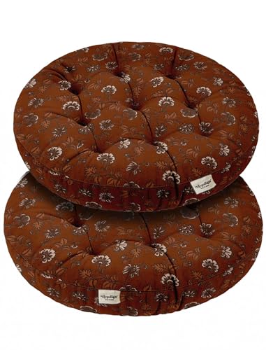 Vargottam 22" Round Meditation Cushion - Vintage Rust Blossom Cotton Tufted Floor Pillow with Memory Foam Fill for Yoga, Reading, Relaxation & Indoor Seating von Vargottam
