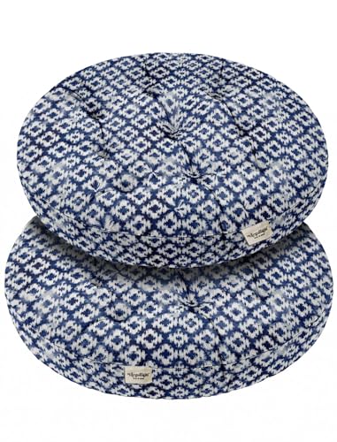 Vargottam 22" Round Tufted Floor Cushion - Blue Ikat Diamond Cotton Meditation Pillow with Memory Foam Filling, Floor Seating Pouf for Living Room, Bedroom, Yoga & Reading von Vargottam