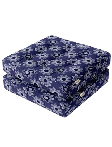 Vargottam 22" Square Cotton Floor Cushion - Blue Inked Block Print Tufted Pillow with Memory Foam Filling for Meditation, Relaxation & Living Room Seating von Vargottam