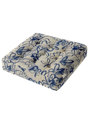 Vargottam 22" Square Cotton Floor Cushion - Indigo Sketch Tufted Pillow with Memory Foam Filling for Meditation, Relaxation & Living Room Seating von Vargottam