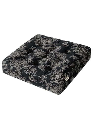 Vargottam 22" Square Cotton Floor Cushion - Noir Garden Sketch Tufted Pillow with Memory Foam Filling for Meditation, Relaxation & Living Room Seating von Vargottam