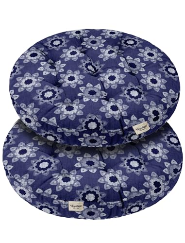 Vargottam Floor Cushion Seat - 22 Inch Round Cotton Pouf with Memory Foam, Tufted Floor Pillow for Meditation & Home Décor - Blue Inked Block Print von Vargottam