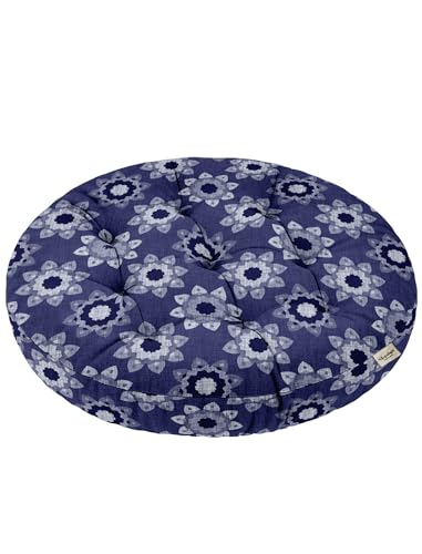 Vargottam Floor Cushion Seat - 22 Inch Round Cotton Pouf with Memory Foam, Tufted Floor Pillow for Meditation & Home Décor - Blue Inked Block Print von Vargottam