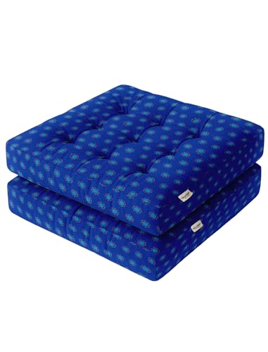 Vargottam Floor Seat Cushion - Retro Blue Polka 22" Square Cotton Pouf with Tufted Top, Ideal for Meditation, Reading & Home Accent Seating von Vargottam