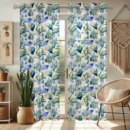 Vargottam Gardinen mit Ozean-Print für Kurze Fenster – 2er-Set, 160 cm Länge, Ösen Oben, bedruckter Georgette, lichtfilternde Vorhänge für Küche oder Schlafzimmer Vargottam Gardinen mit Ozean-Print für Kurze Fenster – 2er-Set, 160 cm Länge, Ösen Oben, bedruckter Georgette, lichtfilternde Vorhänge für Küche oder Schlafzimmer von Vargottam