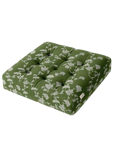 Vargottam Square Tufted Floor Cushion - Green Block Pprint Vine 22" Cotton Meditation Pillow with Memory Foam, Floor Pouf for Reading, Yoga, Home Decor von Vargottam