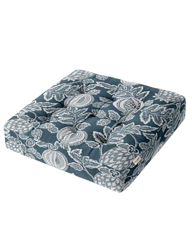 Vargottam Square Tufted Floor Cushion - Indigo Heritage Flora 22" Cotton Meditation Pillow with Memory Foam, Floor Pouf for Reading, Yoga, Home Decor von Vargottam