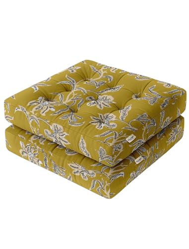Vargottam Square Tufted Floor Cushion - Mustard Floral Bloom 22" Cotton Meditation Pillow with Memory Foam, Floor Pouf for Reading, Yoga, Home Decor von Vargottam