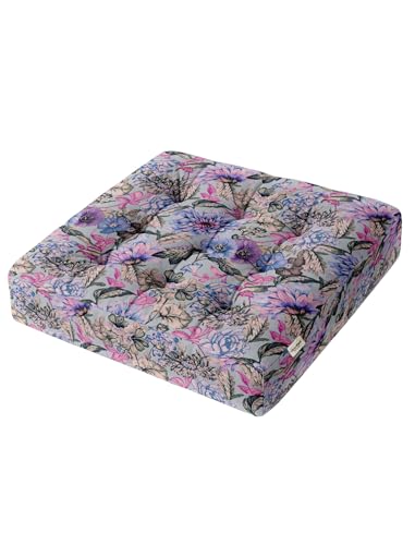 Vargottam Square Tufted Floor Cushion - Pastel Garden Floral 22" Cotton Meditation Pillow with Memory Foam, Floor Pouf for Reading, Yoga, Home Decor von Vargottam