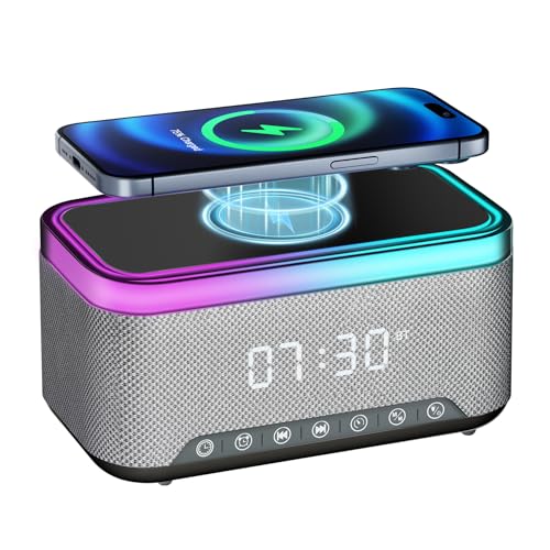Wecker Wireless Charger Bluetooth Lautsprecher FM Radio, Weißes Rauschen Soundmaschine mit Licht zum Schlafen für Schlafzimmer, Digitaluhr mit USB AUX Anschluss für Schwerschläfer Kind, Schwarz von Varhxooy