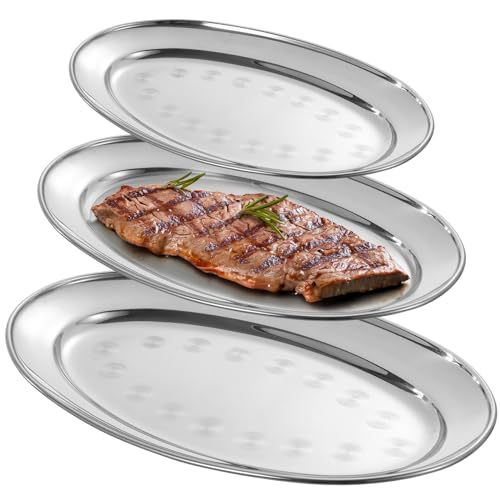 3 Stück ovale Edelstahl-Servierplatten, lebensmittelechte Metall-Servierplatte, großes Brutzel-Serviertablett, Kellnertablett, hochglanzpoliertes Edelstahl-Lebensmitteltablett für Abendessen, Partys von Varku
