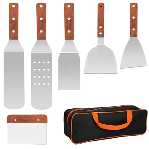 6-teiliges Edelstahl-Grillspachtel-Set, robustes Grillzubehör mit Holzgriffen, inklusive Schlitzen, breiten abgeschrägten Pfannenwendern und Schaber zum Grillen und Braten 6-teiliges Edelstahl-Grillspachtel-Set, robustes Grillzubehör mit Holzgriffen, inklusive Schlitzen, breiten abgeschrägten Pfannenwendern und Schaber zum Grillen und Braten von Varku