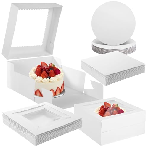 Varku 15-Set Tortenbox 25x25x12cm, Bestehend aus 15 Tortenschachteln und 15 Bodenplatten, weiße Backschachteln mit Fenster, Einweg-Kuchenbehälter mit Deckel für Kuchen, Gebäck, Torten und Cupcakes von Varku