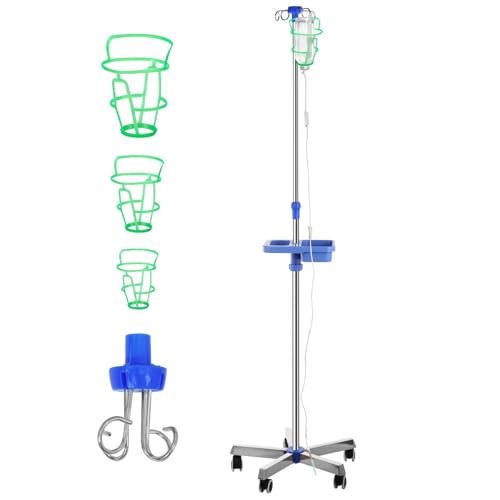 Varku Verstellbarer Infusionsständer mit Rädern, Infusionsständer aus Edelstahl, Infusionsständer mit Griff und Ablagefach, Infusionsständer mit 4 Haken und 3 Infusionsbeutelhaltern von Varku