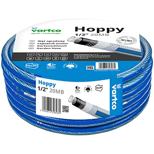 Vartco Hoppy 6-lagiger Wasserschlauch Trinkwasserschlauch Lebensmittelschlauch Anti Twist Gartenschlauch Gartenbewässerung Flexibel Flexischlauch UV-beständig 36 Bar (1/2'' 20m), Transparent/Blau von Vartco