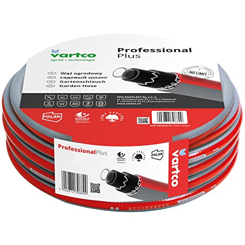 Vartco Professional Plus 6-lagiger Wasserschlauch Trinkwasserschlauch Lebensmittelschlauch Anti Twist Gartenschlauch Gartenbewässerung Flexibel Flexischlauch UV-beständig 30 Bar (1/2'' 50m), Rot/Grau von Vartco