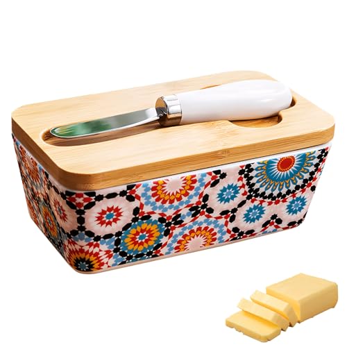 Butterdose Keramik mit Holzdeckel und Buttermesser, 350ml Große Kapazität Butterdose für 300g Butter, Multi-Funktion Versiegelt Butterglocke Frische-bleiben, für Haushalt und Küche (C) von Vartegas