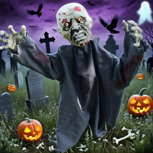 Halloween Deko Animiert, 70CM Schwankender Zombie mit LED-Augen & Gruselig Klang, Animatronic Halloween Deko Garten, Halloweendeko Skelett Lebensgroß, für Garten Hof Rasen (B) von Vartegas