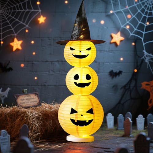 Halloween Deko Kürbis, LED Halloween Kürbis Laterne, 2025 Neu groß Helloween deko Pumpkin mit Blink-/Dauerlicht, Halloweendeko Papierlaternen Aufsteller, Für Innen-/Außen Deco (C-125cm) von Vartegas
